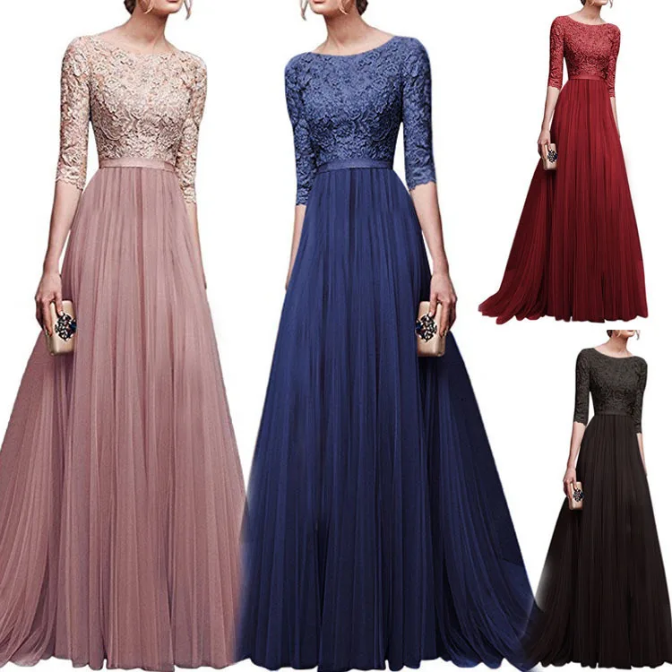 Robe de Soiree Sexy Lace Long Evening Dress Chiffon Evening Party Gowns Embroidery Half Sleeve Formal Prom Dress Abendkleid T014