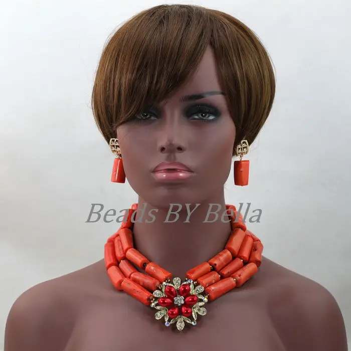 Chunky Women Wedding Accessories Natural Jewelry Set Orange Traditional African Coral Beads Jewelry Set Free Shipping ABL162