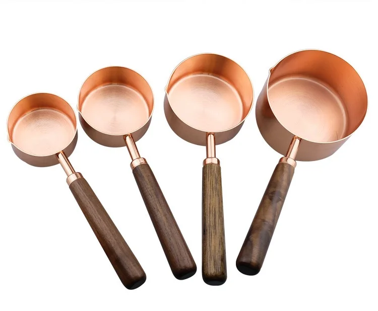 10sets 4pcs/set Stainless Steel Wood Handle Rose Gold Measuring Spoons for Liquid and Dry Ingredients WB212