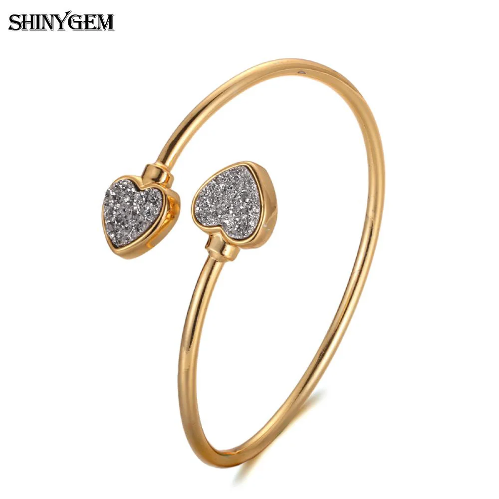 

ShinyGem Vintage Adjustable Natural Stone Open Cuff Bangle Bracelets Gold Plating Retro Love Heart Druzy Stone Bangles For Women