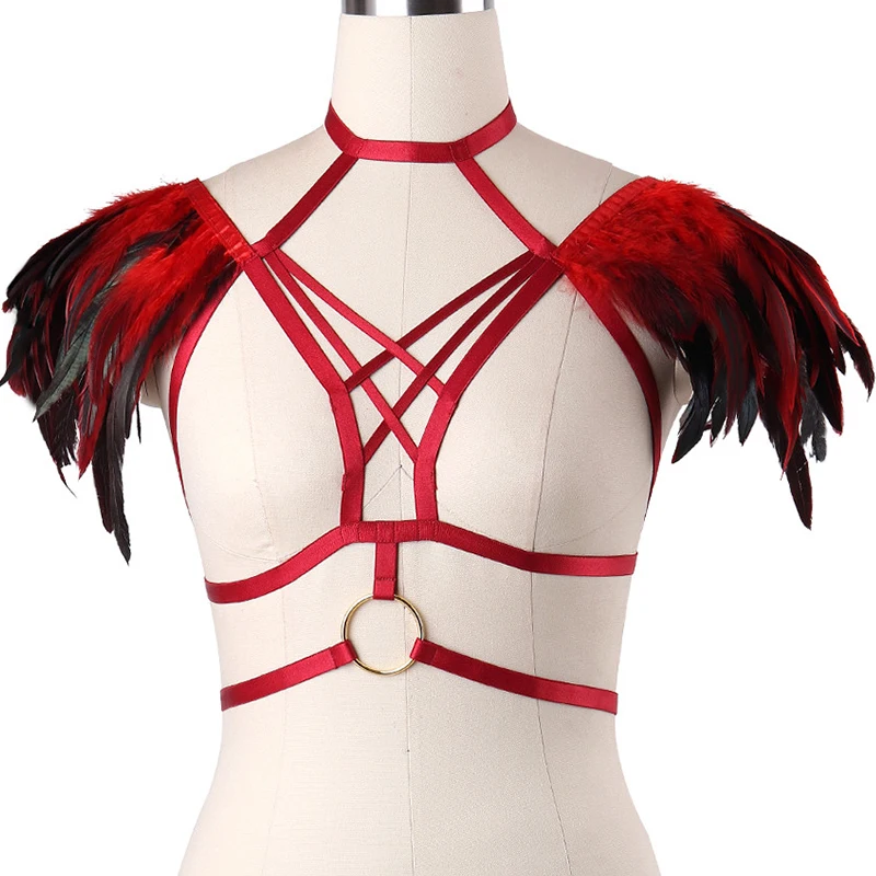 

Women Goth Feathers harness Epaulette Bra Bondage Body Cage Tops Lingerie Alluring Exotic Apparel BurningMan Feathers Harness