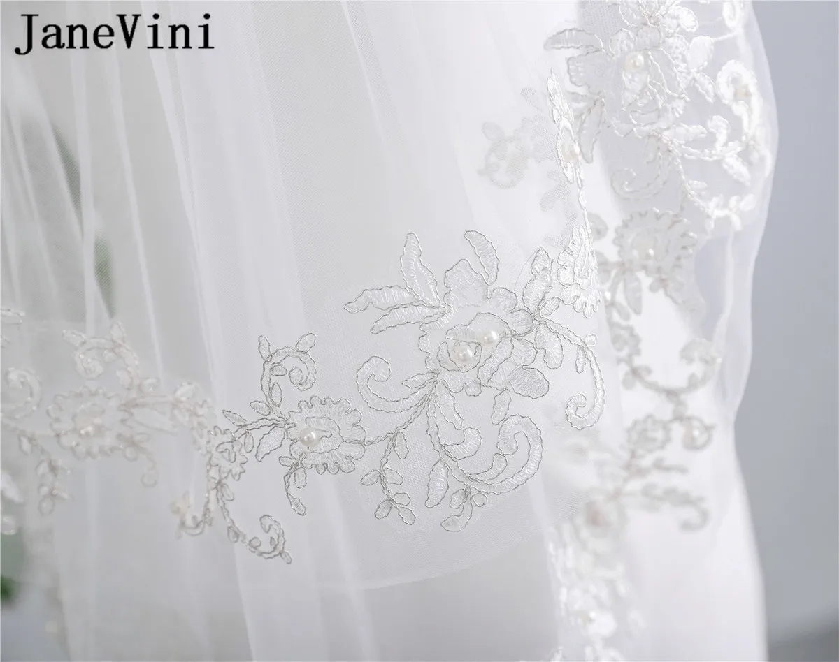 JaneVini 2019 ลูกไม้ Appliqued เจ้าสาว 2 ชั้นสั้น Wedding Veil กับหวีผู้หญิงสีขาวมุกงาช้าง Tulle เจ้าสาว veils velo tul