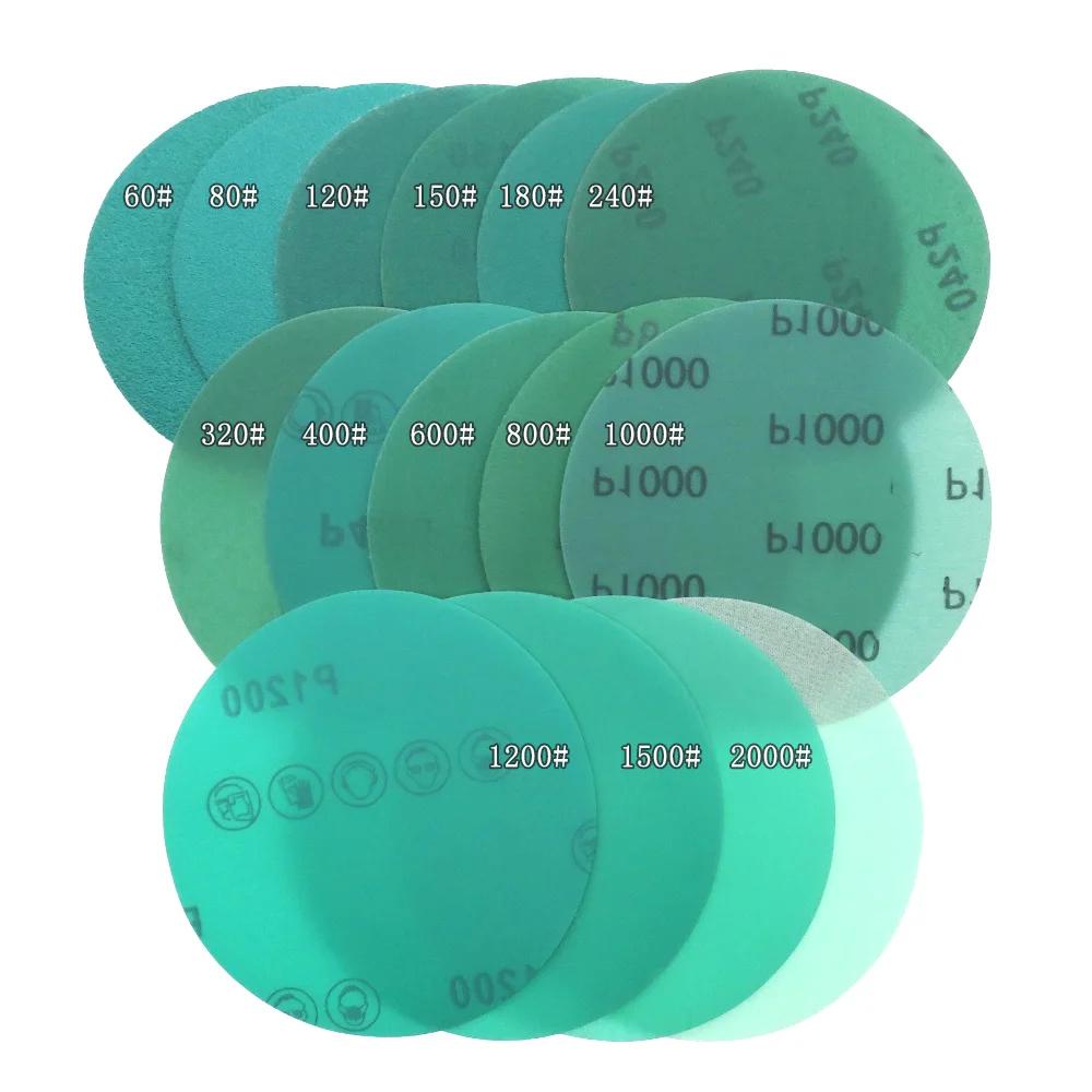10 шт., 5-дюймовые абразивные диски, 125 мм, зернистость от 60 до 2000, пленка на липучке, зеленая наждачная бумага, шлифовальный диск, абразивные орбитальные шлифовальные подушечки
