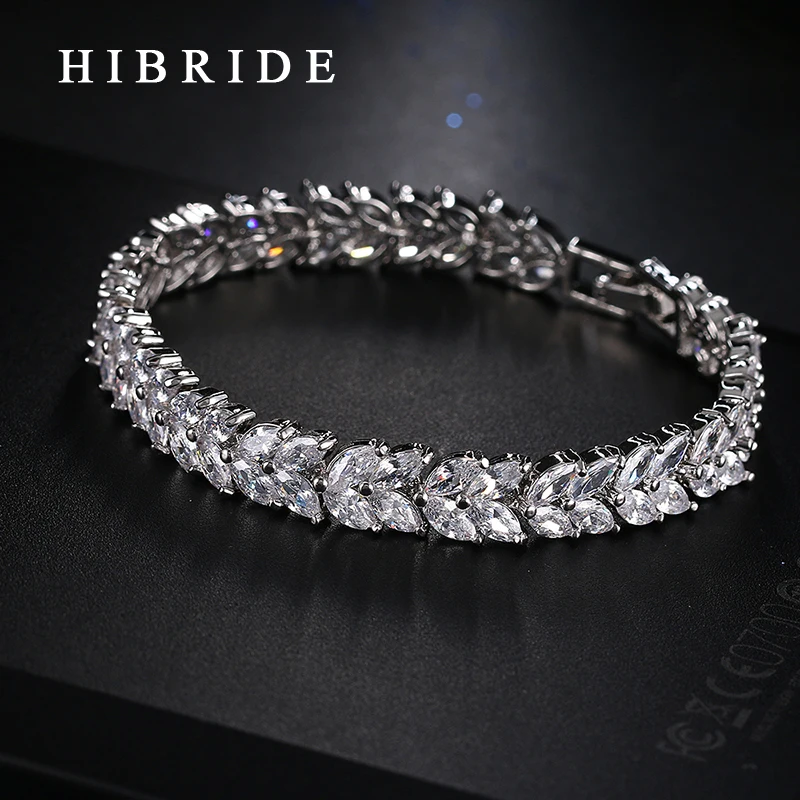 HIBRIDE JEWELRY العلامة التجارية الجديدة تصميم AAA مكعب الزركون الزفاف أساور اللون الأبيض الفاخرة النساء المجوهرات ، B-004