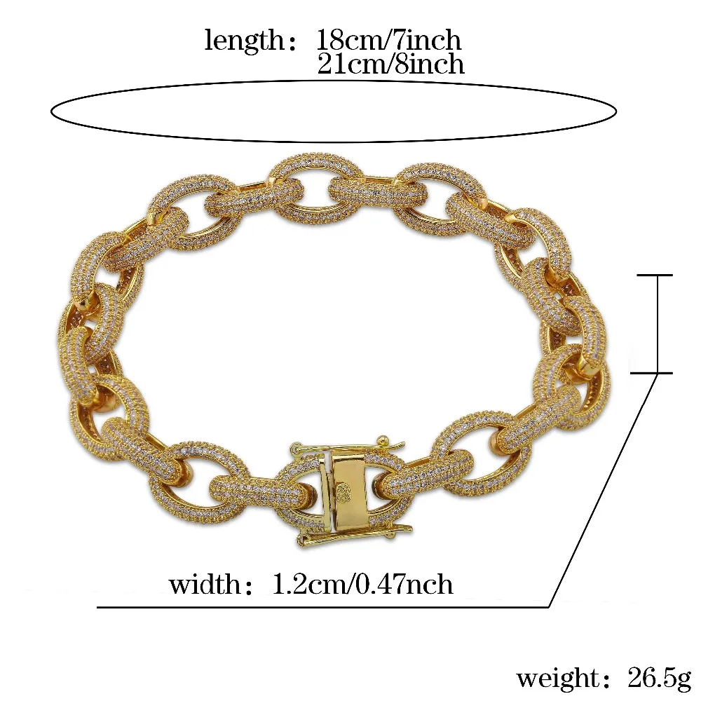 TOPGRILLZ 12mm Mens Charm Link Iced Out Cubic Zirconia Hip Hop Gold Silver Color Bracelets