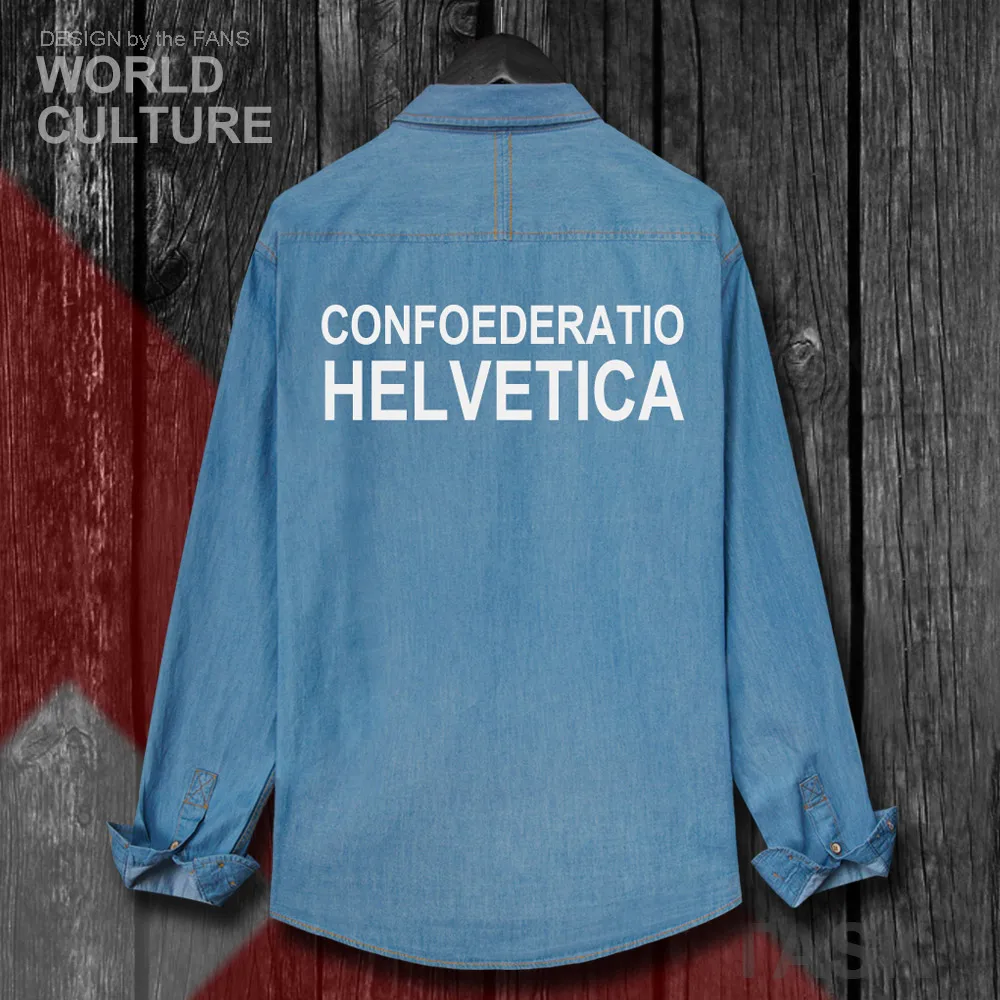 Swiss Confederation Switzerland CHE CH Confoederatio Helvetica Men Clothes Autumn Cotton Jean Shirt Long Sleeve Cowboy Coat Flag