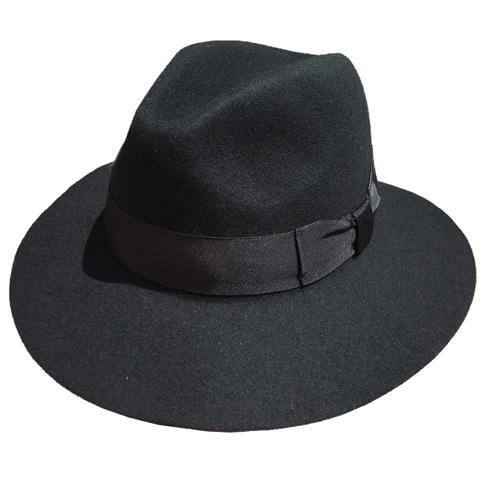 Fashion Black Wool Felt Wide Brim Fedora Hat For Men or Women -7 cm Brim