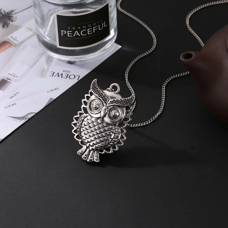 Vintage Vivid Carved Owl Cute Animals Pendant Long Thin Chain Ethnic Style Antique Silver Plated Necklaces For Women