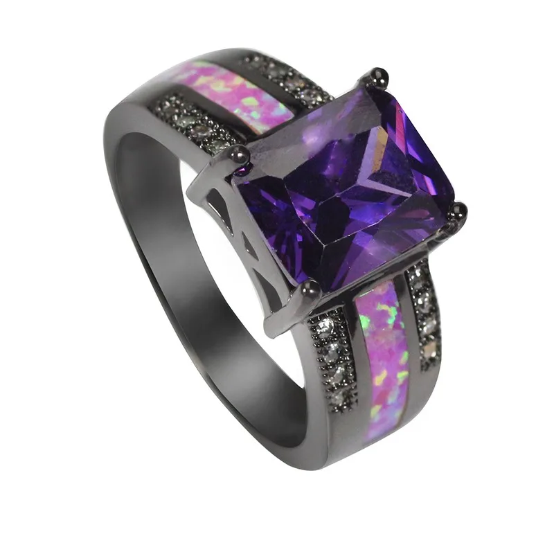 

JLR-1346 Luxury Purple Crystal & Opal Gem Inlaid Real Black Gun Plated Rings For Women Fashion Jewelry Evening Party Rings