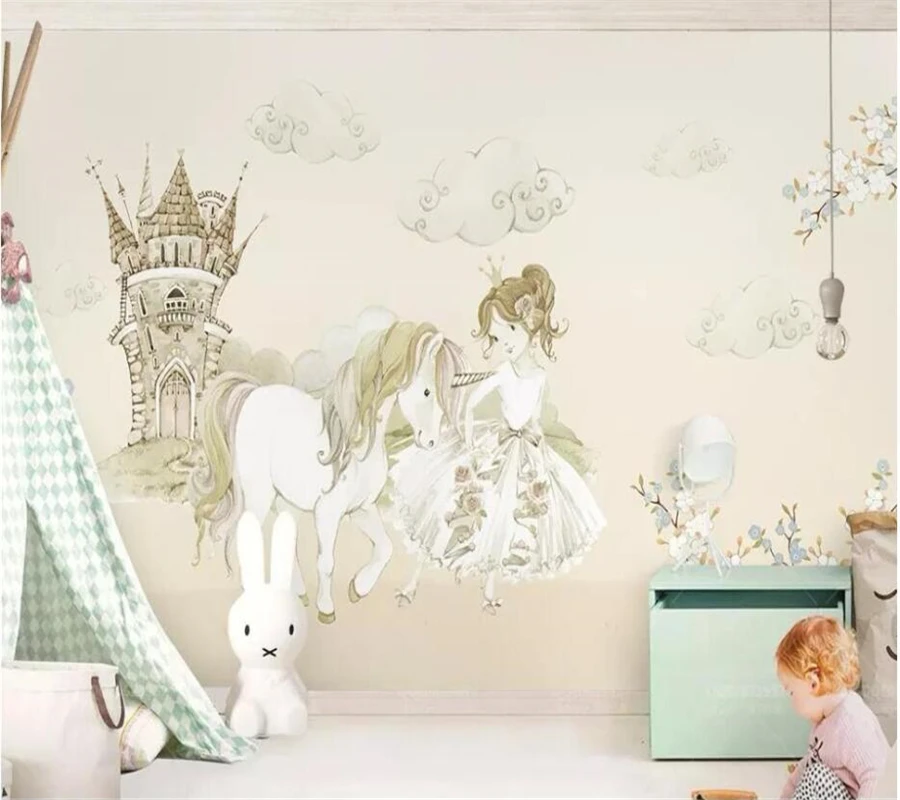 wellyu Custom wallpaper little princess and one-horned horse castle fairy tale children's room background wall 3d wallpaper