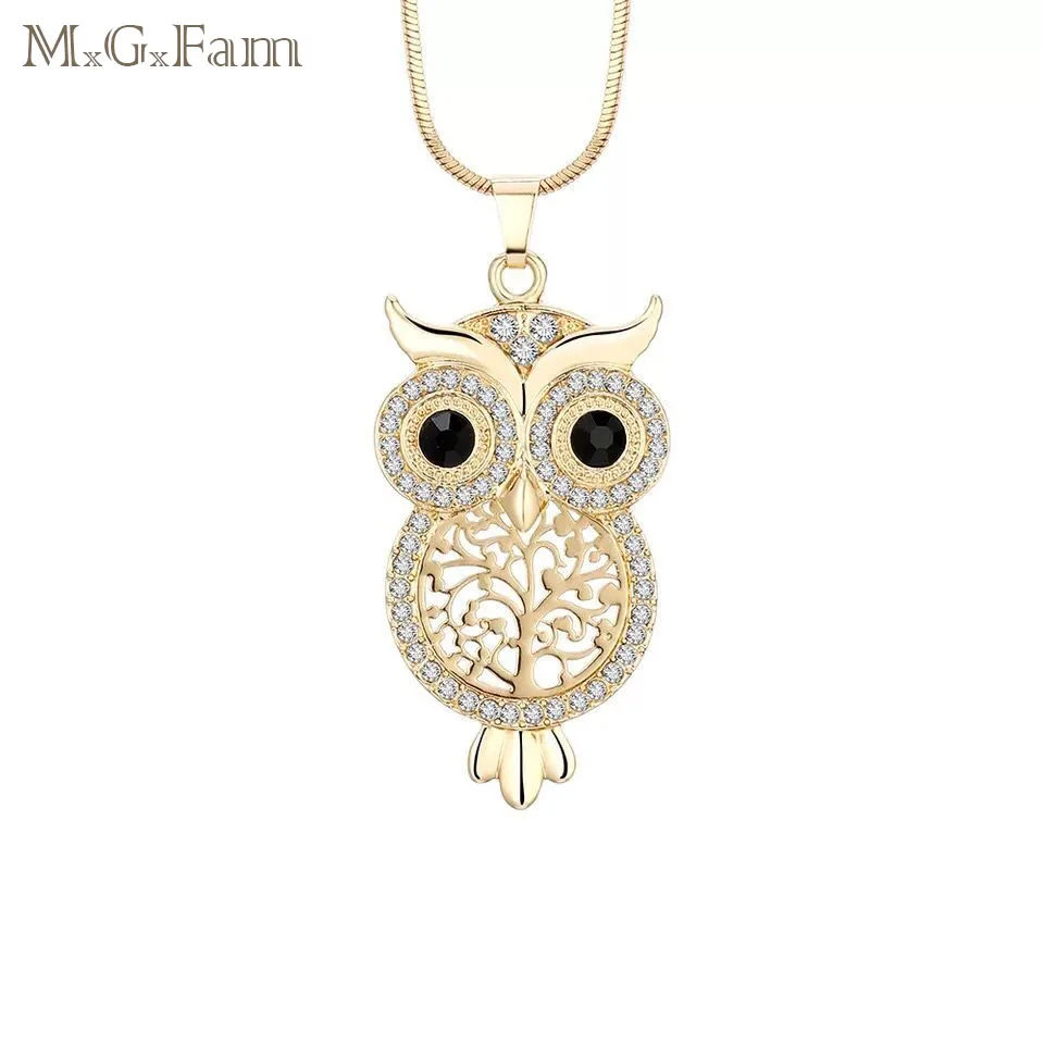 MxGxFam OWL Pendant Necklace For Women Jewelry White Crystal Gold Color AAA+ New Design with 48cm Snake Chain