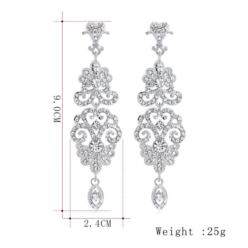 BLIJERY Luxury Chandelier Earrings for Women Silver Color Rhinestone Crystal Floral Bridal Long Earrings Bridal Wedding Jewelry