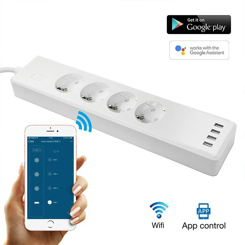 

With USB four-hole EU intelligent voice control socket wifi control timer switch Smart home wireless socket