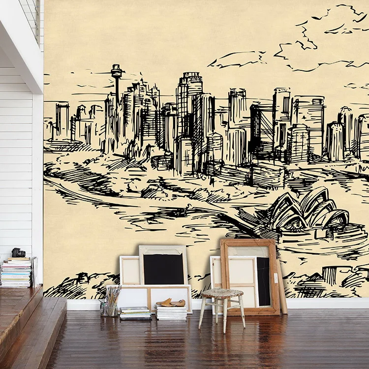 

Simple hand-painted custom sketch of large cities around corner cafe mural wallpaper bedroom wallpaper TV backdrop painting