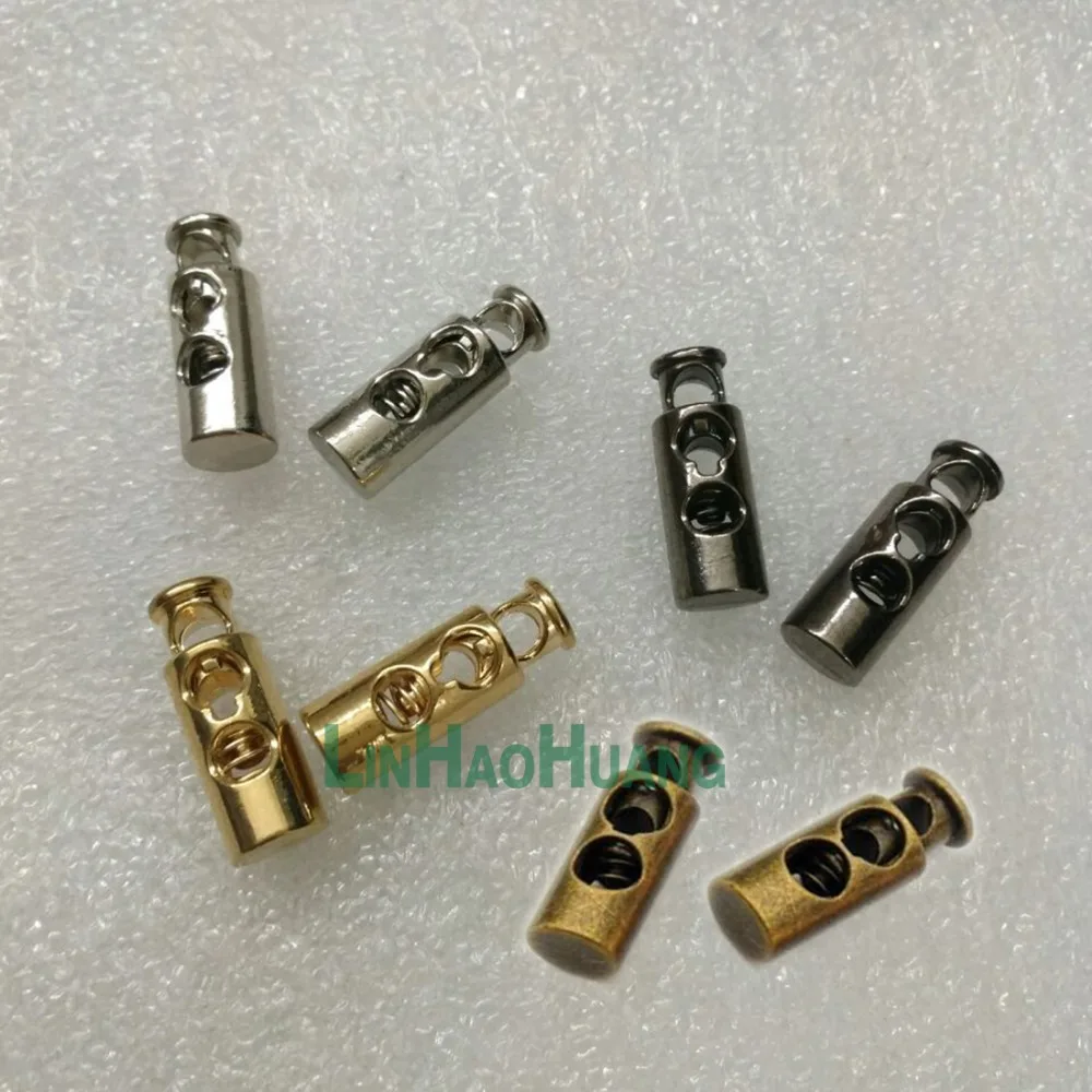 40 pz/lotto tappi rotondi in lega metallica toggle cord lock coulisse blocco due fori nichel/noce nero/bronzo/oro/nero opaco