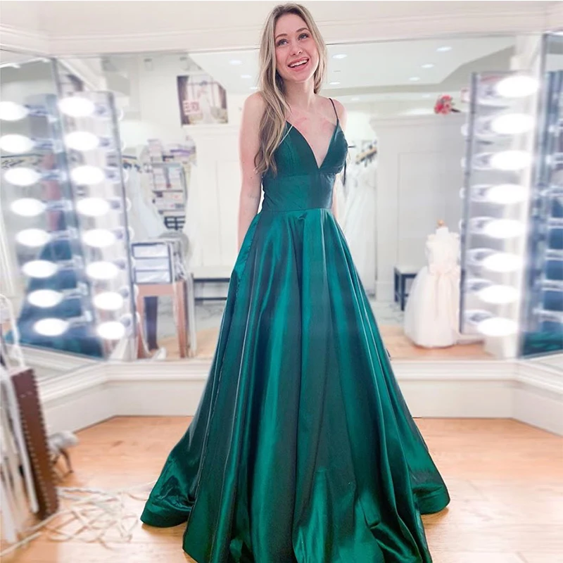 Simple A-line Prom Dresses V-neck Spaghetti Straps Dark Green Formal Evening Party Dresses Long Special Occasion Dresses Cheap