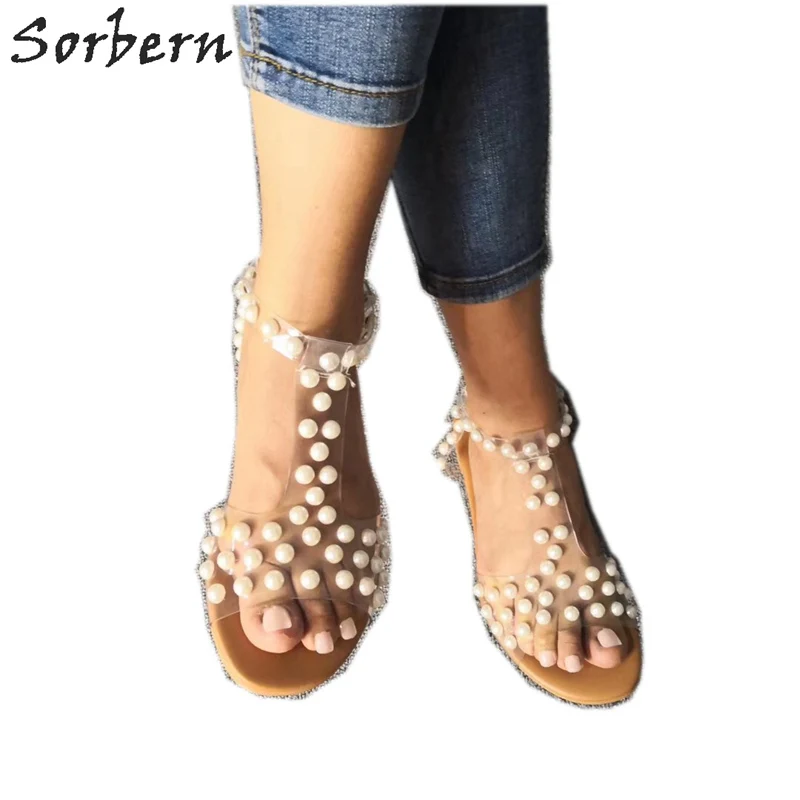 

Sorbern Transparent Pvc Women Sandal Pearls T-Strap Flat Heel Summer Beach Shoes Strange Style Shoes Custom Color