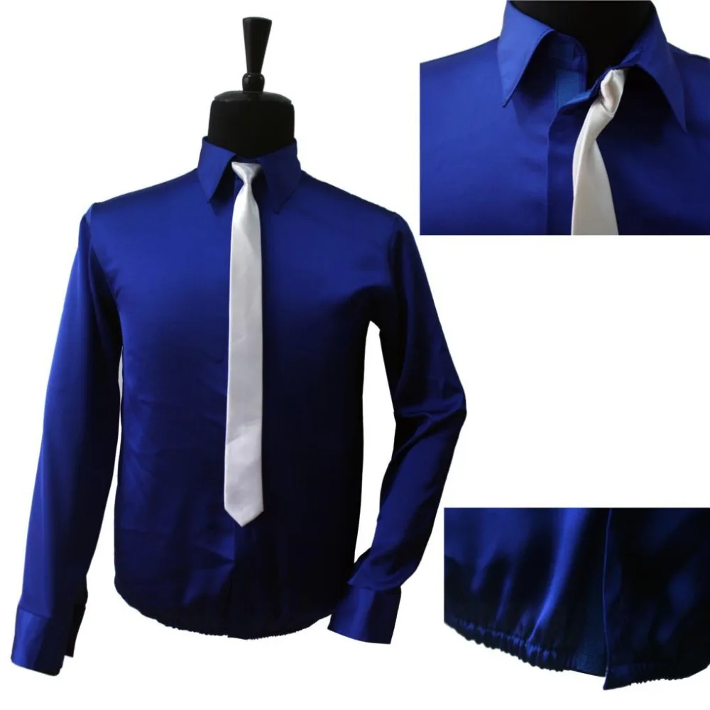 Retro MJ Michael Jackson Smooth Criminal Bule Shine Shirt & Tie Thread Gluing Performance Halloween Show Clothing No Button