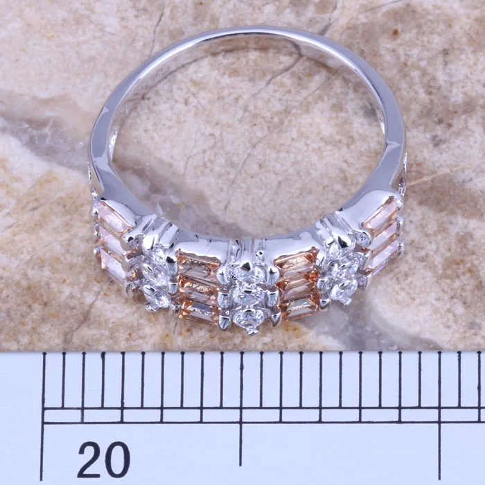 Enchanting Brown Morganite White CZ Silver Plated  Women\'s Jewelry Ring Size 6 / 7 / 8 / 9 R0462