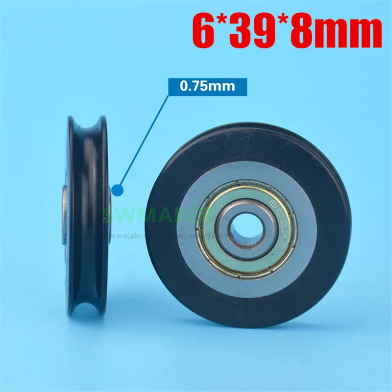 1pcs 6*39*8mm U concave wheel, through plastic wrap plastic pulley, embedded PA66, nylon bearing roller