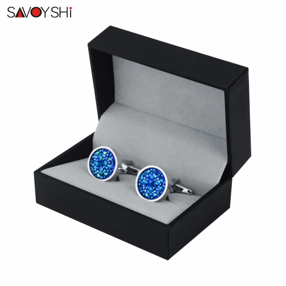 SAVOYSHI Luxury Blue Cufflinks for Mens Gift High Quality Cuff buttons Round Cuff links Fashion Men Jewelry Free Engraving Name