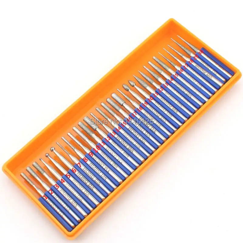 30 Pcs Bur Diamond Grinding Head Set Coated Carving Burrs Rotary Tool Bit Grit 120 Shank 2.35/3mm for Dremel Tools Accessories