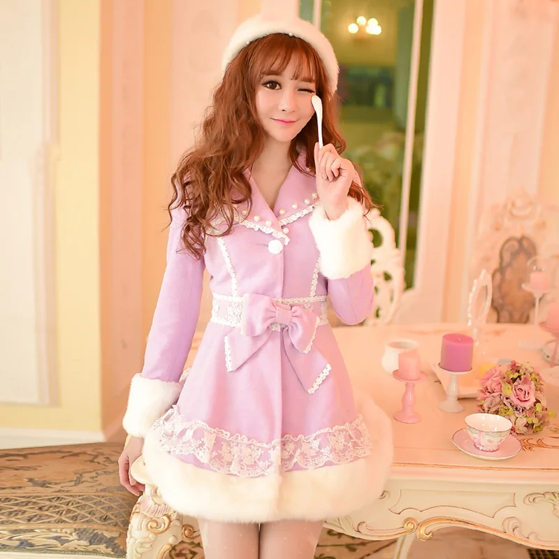 Princess sweet purple woolen coat Candy rain Lace Brow decoration Single breasted tailored collar  Japanese design  C16CD5928