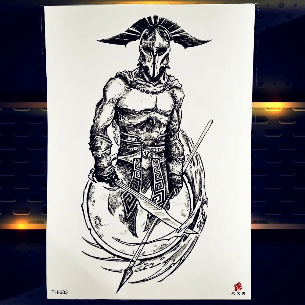 Hero of Sparta Warrior Temporary Tattoo Stickers Waterproof Fake Knight Brave Man Waterproof Large Arm Tattoo Paper Decal Men