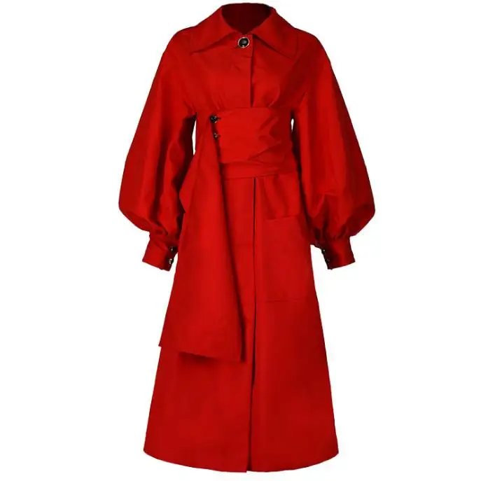 Red Trench Coats Lantern Sleeve women Belt Girdle Back Split Women's Windbreaker 2022 Autumn Fashion New