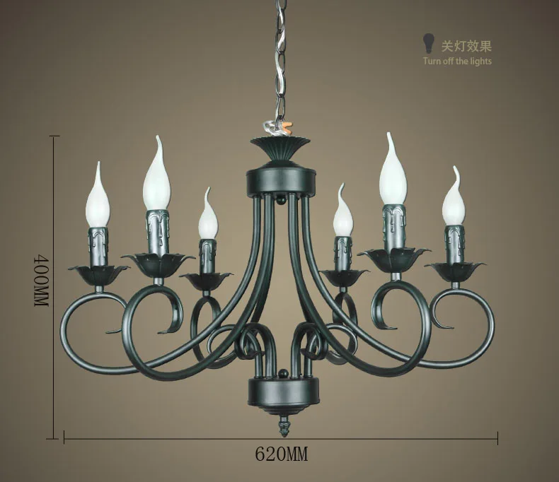 For foyer dinning room Modern vintage 6 arms classical Iron matt black candle light big chandelier