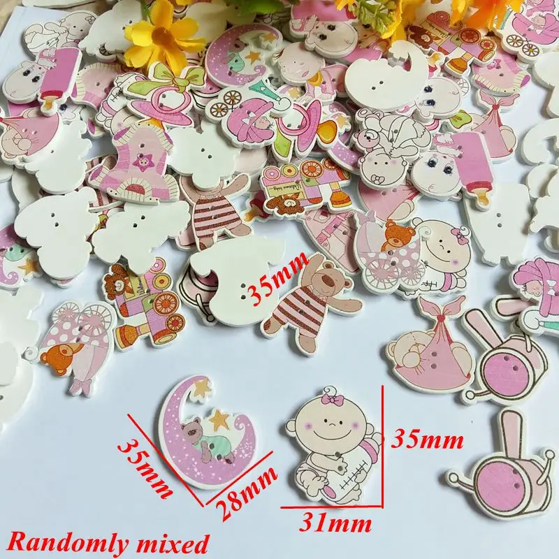 40pcs Decorative baby Buttons Lovely cartoon  Wood Buttons for Craft Sewing Scrapbooking Random mixed style 2 Holes buttons