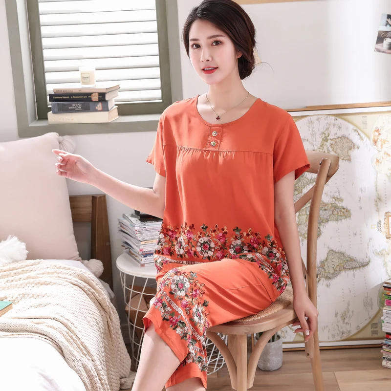 Women\'s  short sleeve Embroider Flower pajamas set Summer New 3XL cotton pyjamas For mother Soft Home Leisure wear