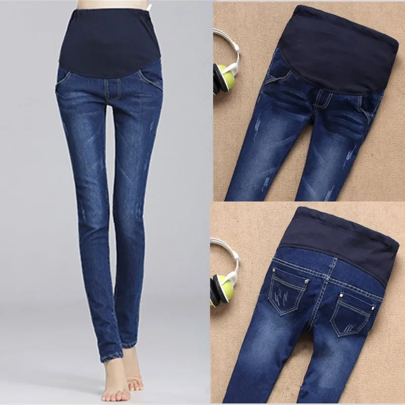 Winter Jeans Thickened With Velvet Warm Pants Denim Clothing Maternity Clothes For Pregnant Women Elastic Waist Trousers