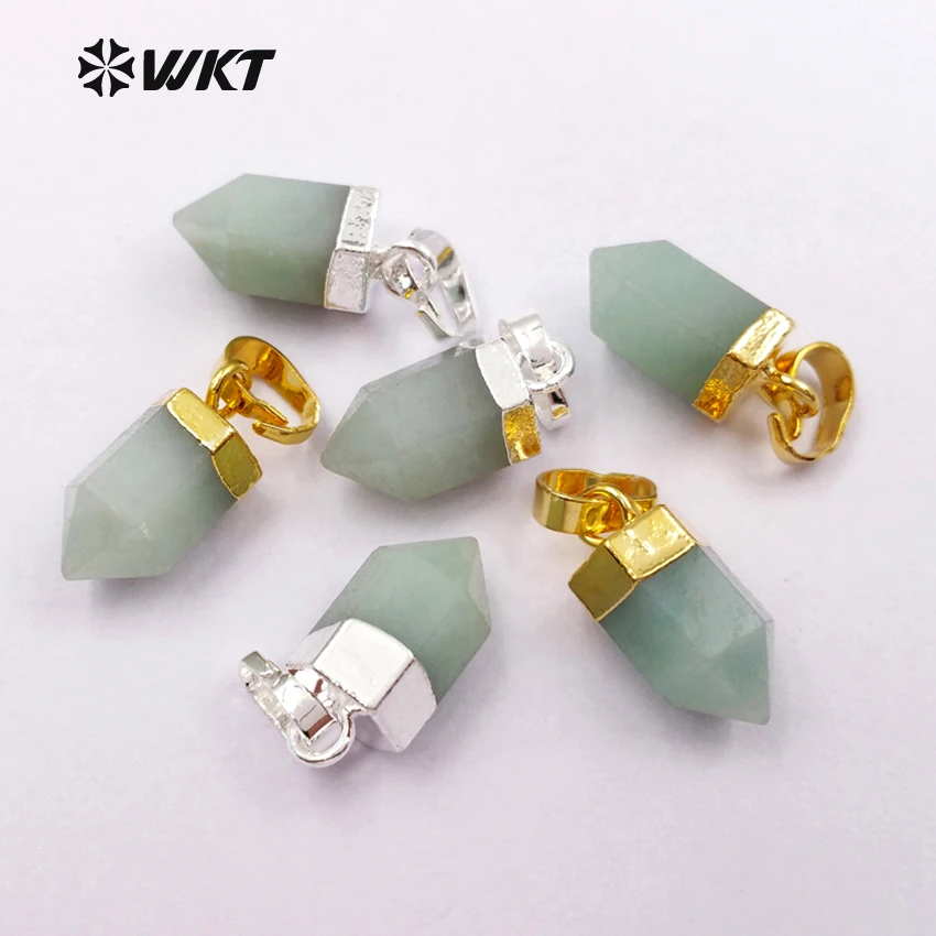 

WT-P1328 New Design Tiny Green Chaceldony Bullet Metal Electroplated Women Jewelry Making DIY Terminated Point Pendants