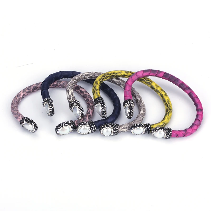New Freshwater Pearl Bead Charm Pave Rhinestone Grey Rose Dark Blue Real Leather Adjustable Wrap Open Bangle Bracelet Cuff Women
