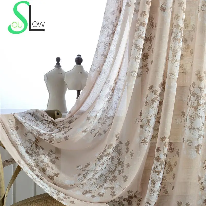 Slow Soul Khaki Printing Screens Curtain French Window Floral Curtains For Living Room Cortinas Tulle Sheer Bedroom Baby Chinese