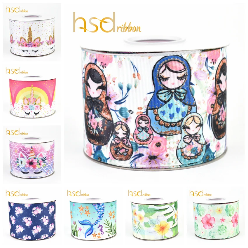 HSDRibbon 16MM 22MM 38MM 75MM all size heat transfer printed unicorn flower doll pattern on Grosgrain Ribbon