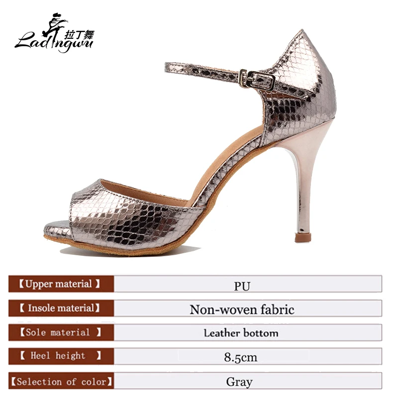 Ladingwu 2018 Wholesale Gray Pu Women's High Heel Shoes Party Ballroom Dance Sandals Salsa Latin Dancing Shoes Silver Heel 8.5cm