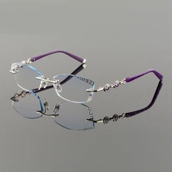 Titanium Alloy Eyeglasses Women Rimless Prescription Reading Myopia Progressive Glasses Yellow Spectacle with Color lenses258102