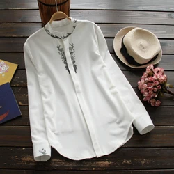 YSMILE Y Casual Print Chiffon Shirt Women Stand Deer White Blouse Female Slim Long Sleeve Top Spring Autumn Women Clothes YK8357