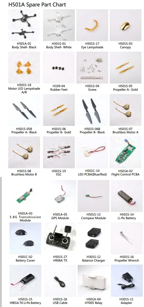 Original Hubsan X4 H501A FPV Battery Remote Control Transmission Module Blade Propeller Brushless motor ESC Parts & Accessories