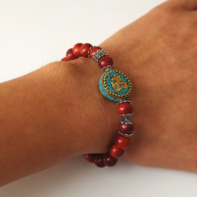 Red Wood Beads Strand Charm Chakra Mala Bracelet Lucky Prayer Tibetan Buddhist Scripture OM Mala Bracelet for Women Men