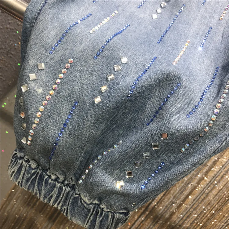 2023 Spring Summer New Jeans Women\'s Thin Colored Diamond Rhinestones Loose Elastic Waist Girls Ladies Denim Harem Pants