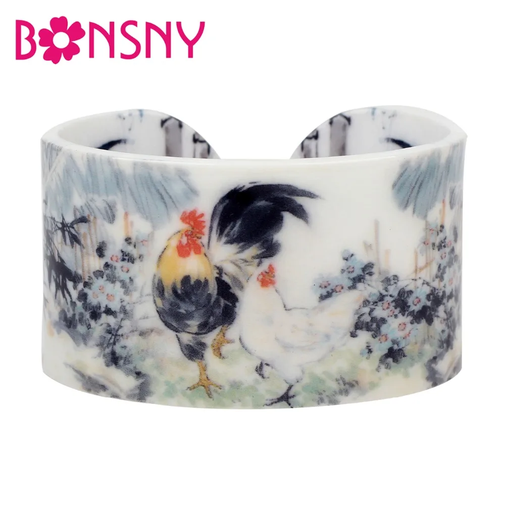 Bonsny Plastic Chinese Pastoral Chicken Painting Bangles Bracelets Fashion Ethnic Vintage Craft Jewelry For Women Girls Ladies