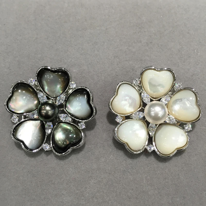 

7-8MM 8-9MM natural black pearl flower brooch pins sea water pearl tahiti pearl Romntic cute scarf buckle sea shell flower