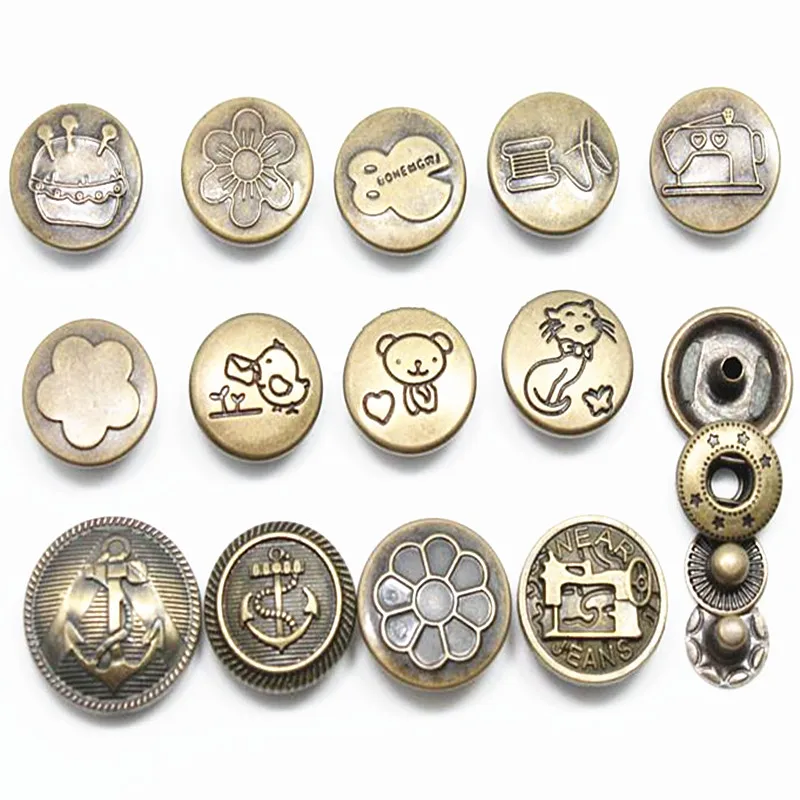 Hot High Quality 10sets Retro Metal Snap Fastener Poppers Press Studs Kit Sewing Leather Craft Tools Metal Snap Button 13 Styles