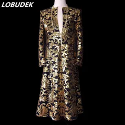 Gold Sequins Trench Coat Fashion Male Shining Sequined Long Outerwear Fashion Tide Men Nightclub Concert Performance Costumes