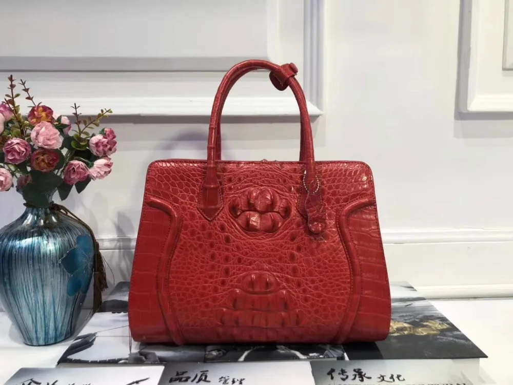 100% top quality genuine crocodile head skin leather women tote handbag medium size lady top handle daily tote bag green color