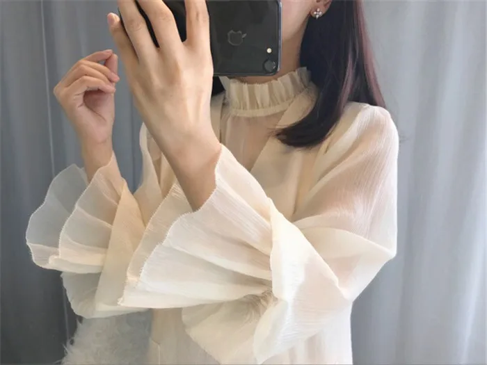 Freeship ladies vintage casual ruffled stand collor long sleeve see through Blouses/inside matching/Shirts flare