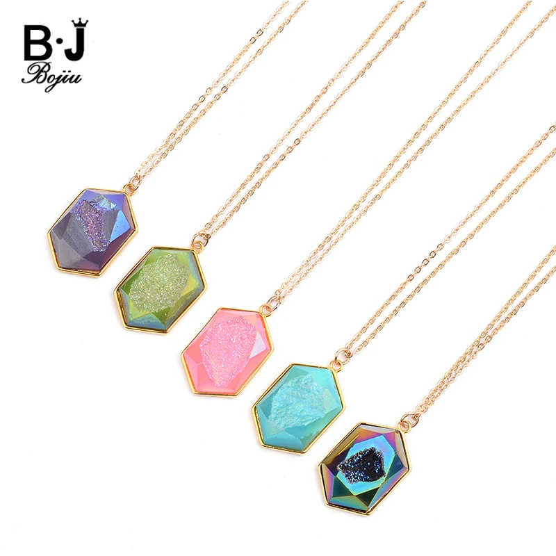 BOJIU 11 Colors Natural Druzy Stone Long Pendant Necklaces For Women Resizable Statement Jewelry Gold Link Chain Neklace NKS215